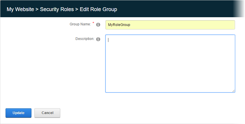 In Edit Role Group, enter the name and description. Then Update.