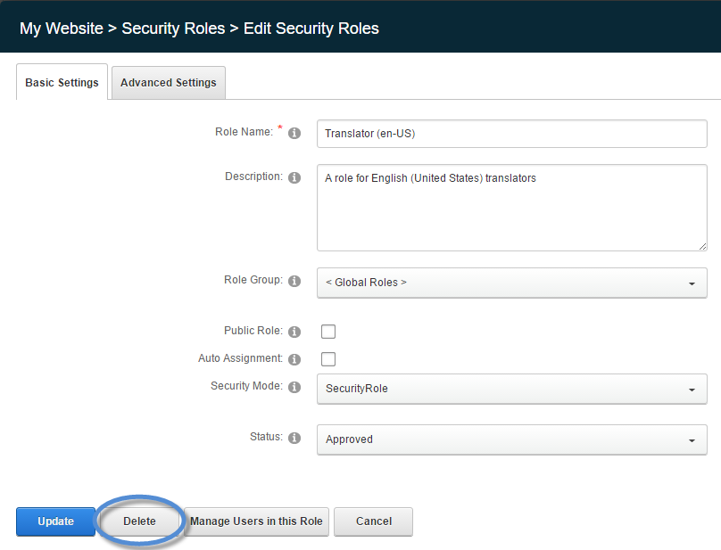 In Edit Security Roles, click/tap Delete.