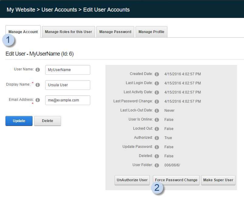Edit User Manage Account > Force Password Change