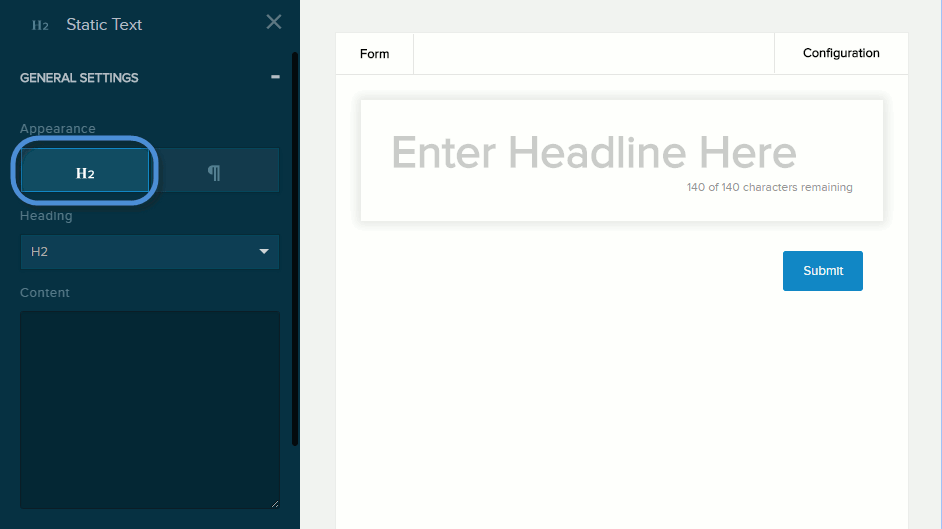 Settings for Static Text field