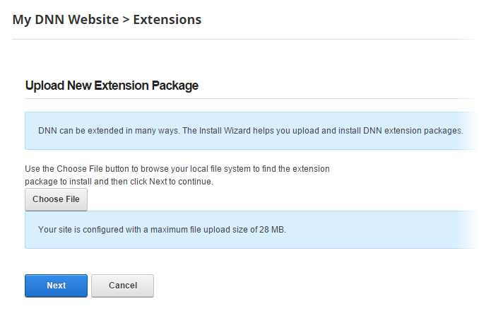 Choose zip file of the extension