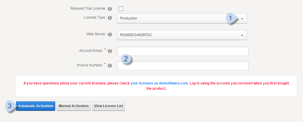Choose License Type, enter Account Email and Invoice Number, then click Automatic Activation.