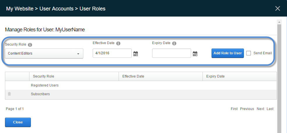 Select each role and optionally assign effective or expiry dates. Then click/tap Add Role to User.