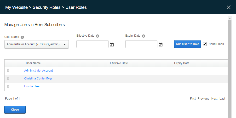 Manage Users in Role page