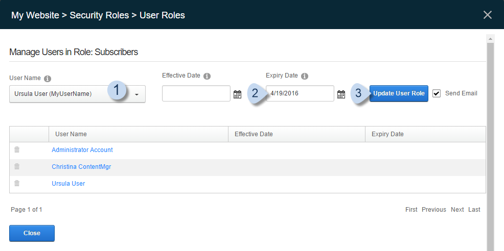 Choose the user, add an Expiry Date, and then click/tap Update User Role.