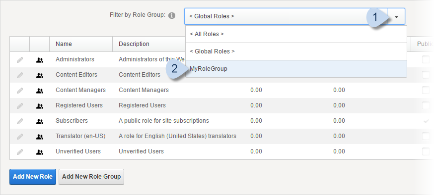 Role List > Filter by Role Group dropdown