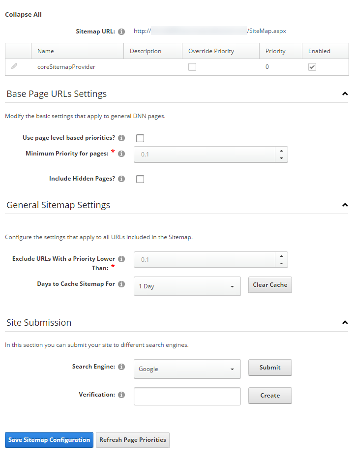 Sitemap configuration form