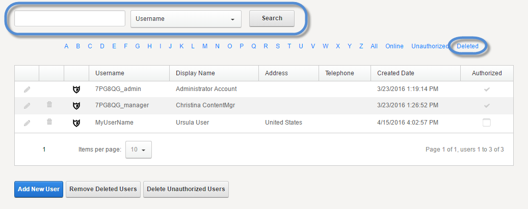 User List > Search field and dropdown and predefined Deleted filter