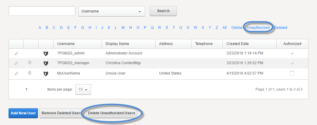 User List > Delete Unauthorized Users