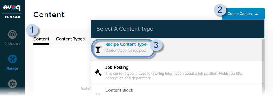 Create content item (Content Type = Recipe Content Type).