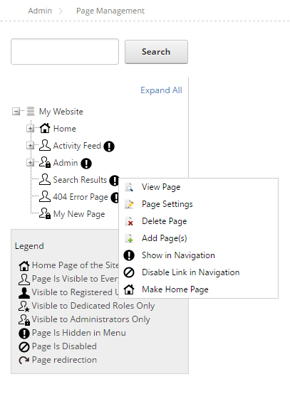 Right-click menu for page hierarchy > View Page