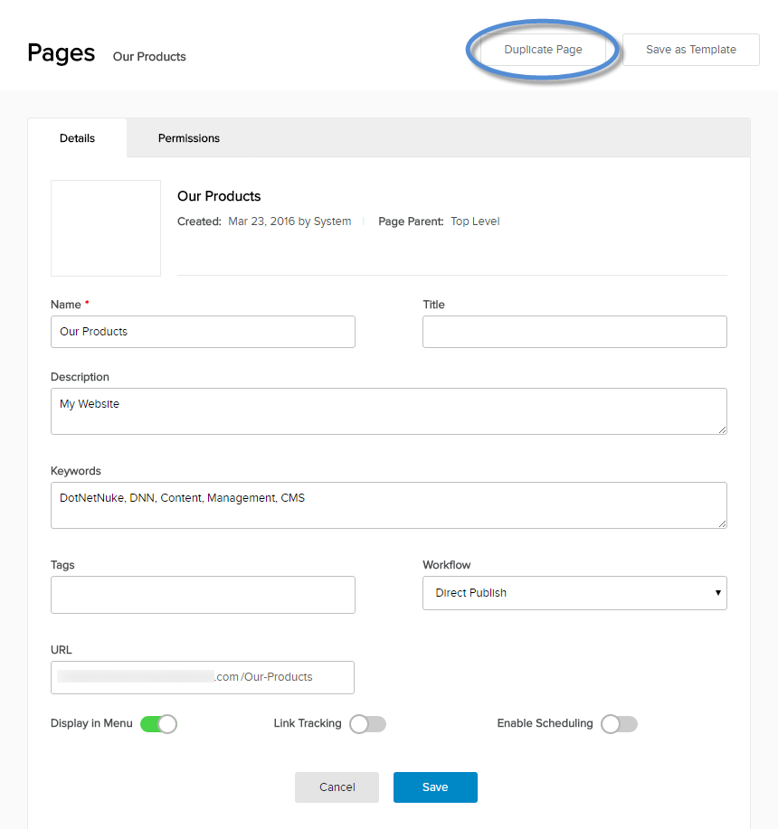 Pages > Duplicate Page