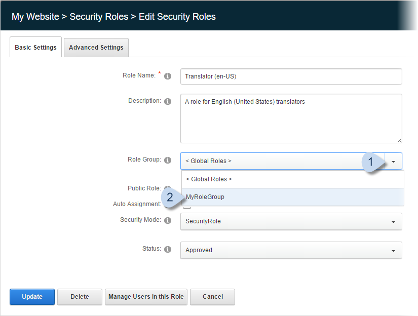 Result: Edit Security Roles > Role Group dropdown