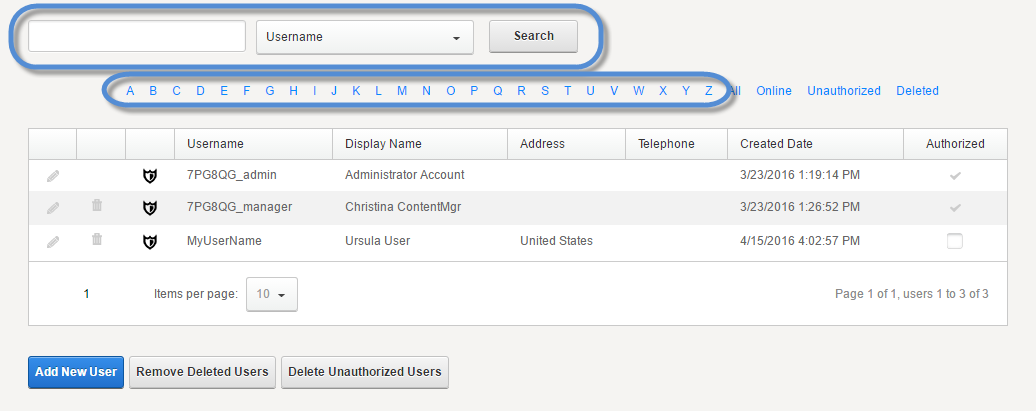 User List > Search field and alphabet filters